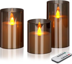 Flameless LED Candles with Remote Set of 3 Battery-Operated Acrylic Gray Pillars, 4", 5", 6" x 3" Diameter Flickering Effect with Timer Ideal for Home Décor Weddings Parties, Restaurants