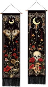 ARTCREATOR Pack of 2 Witchy Gothic Wall Bedroom Decor Moth Moon Tapestry Skull Mushroom Vertical Tapestries Retro Floral Flowers Tapestries for Bedroom Aesthetic Alt Room (12.8 x 51.2 inches)