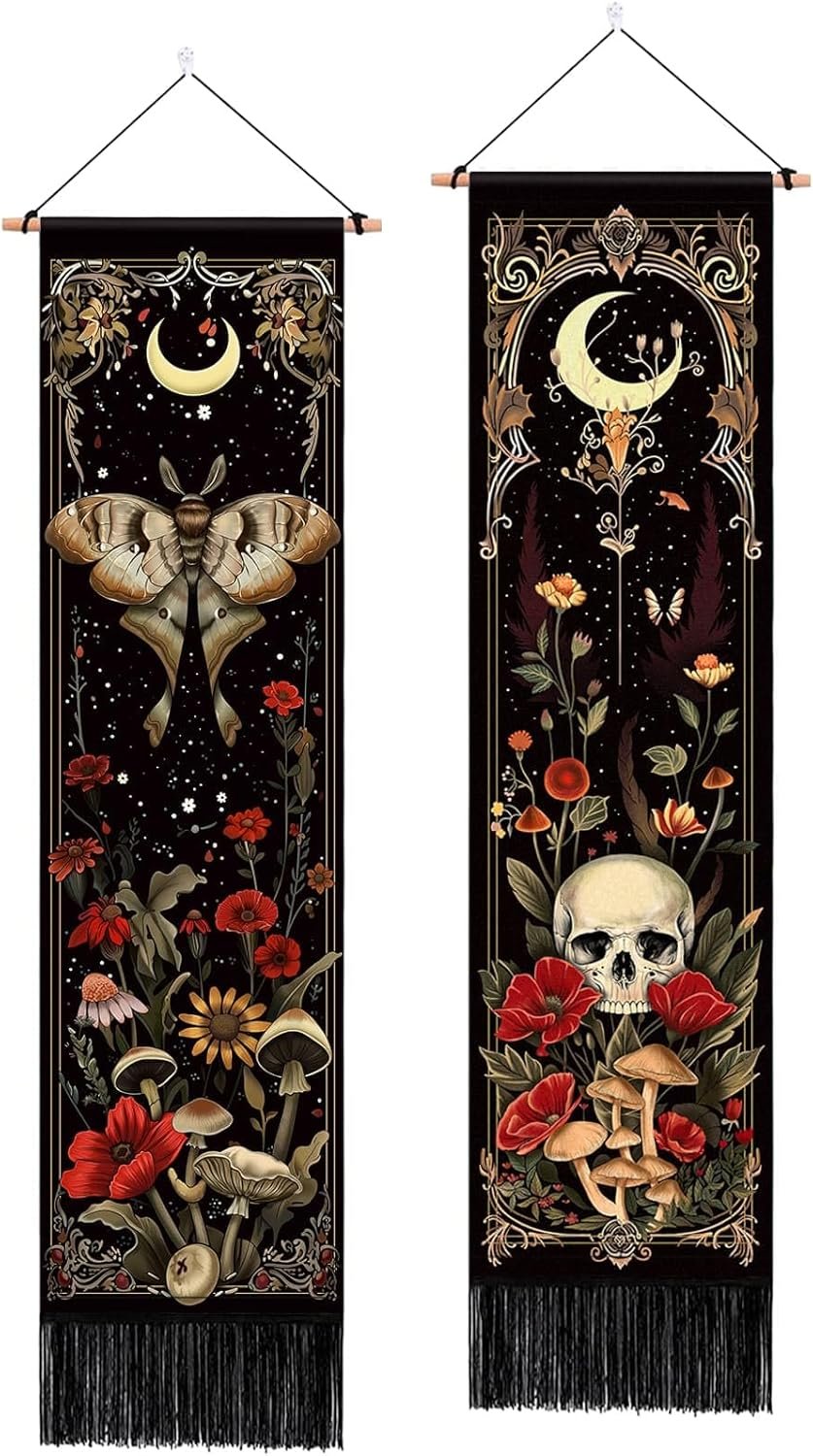 ARTCREATOR Pack of 2 Witchy Gothic Wall Bedroom Decor Moth Moon Tapestry Skull Mushroom Vertical Tapestries Retro Floral Flowers Tapestries for Bedroom Aesthetic Alt Room (12.8 x 51.2 inches) 
