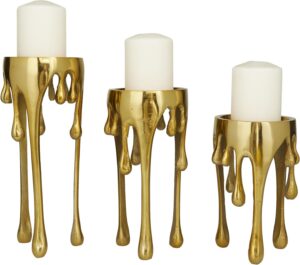 CosmoLiving by Cosmopolitan Aluminum Metal Abstract Decorative Candle Holder Melting Drip Candle Stand, Set of 3 Candlestick Holder 12", 10", 8"H, Gold
