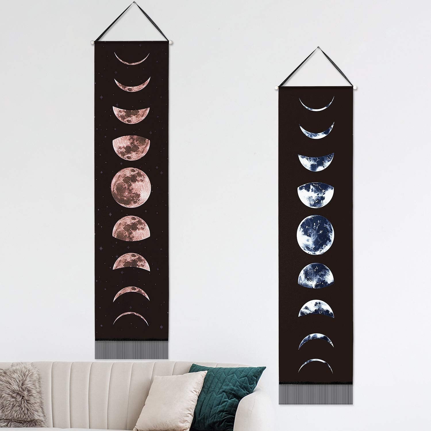 Boao 2 Pieces Moon Phase Tapestries Wall Hanging 12 x 53 Inch Moon Art Tapestry Nine Phases of The Full Growth Cycle of The Moon Wall Tapestry for Home Apartment Bedroom Wall Art Decoration 