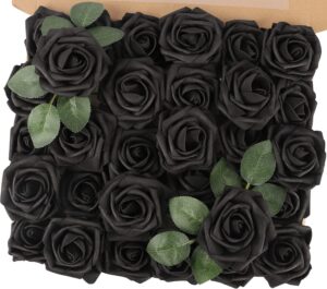 MACTING Black Roses Artificial Flowers 30PCS Real Touch Fake Flowers with Stem Foam Roses for DIY Wedding Bouquet Gifts Table Centerpieces Party Bridal Shower Home Mothers Day Decorations