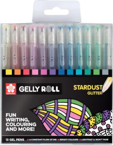 Sakura Gelly Roll Stardust glitter gel pens set for adding sparkle to coloring pages.