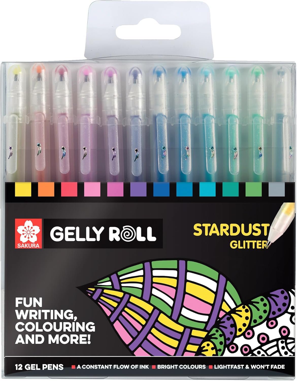 Sakura Gelly Roll Stardust glitter gel pens set for adding sparkle to coloring pages.