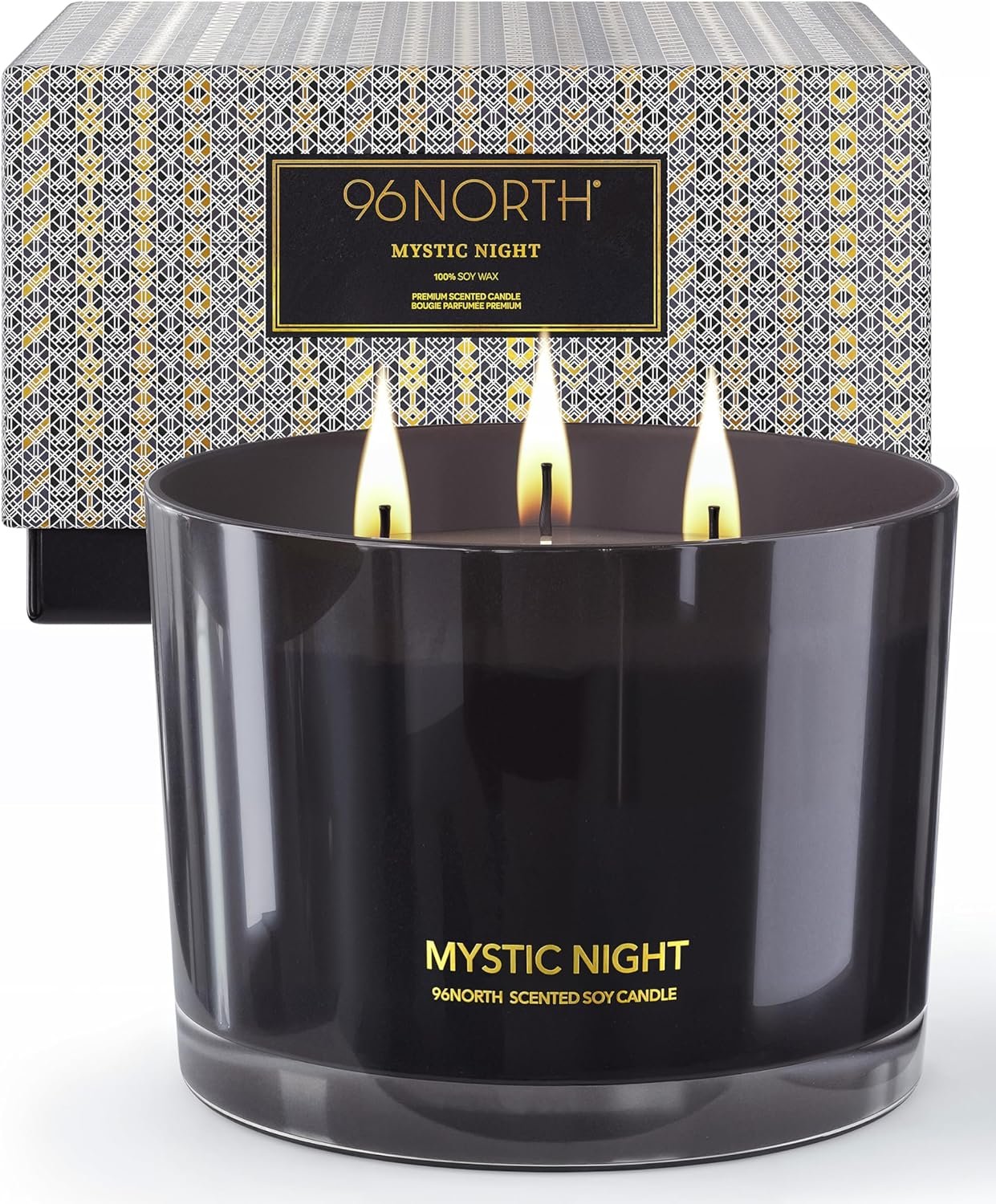 96NORTH Luxury Black Candle | Large 3-Wick Jar Candle | Up to 40 Hours Burning Time | 100% Natural Soy Wax | Relaxing Aromatherapy Aesthetic Candle | Housewarming Gift for Men and Women 
