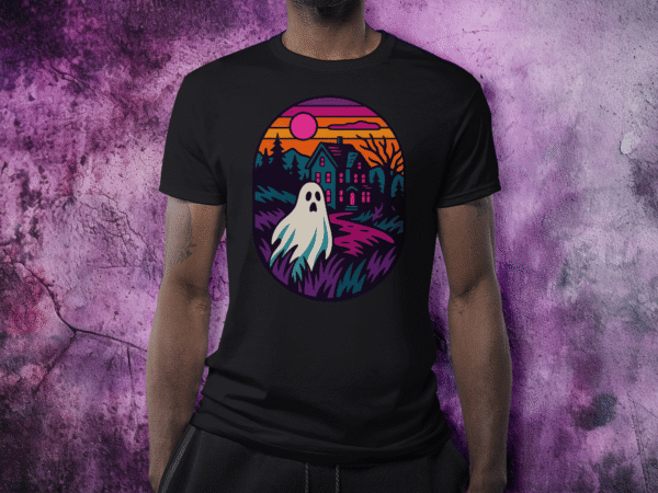 Black t-shirt featuring a vibrant graphic of a cute ghost near a haunted house at sunset, with pink, orange, and purple accents.