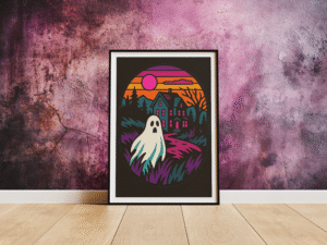 Ghostly Getaway haunted house art print in a frame leaning against the wall on the floor.
