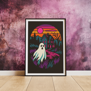 Ghostly Getaway haunted house art print in a frame leaning against the wall on the floor.