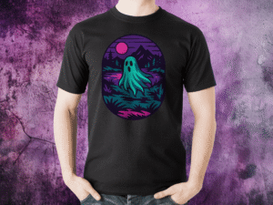 Black t-shirt featuring a neon-style graphic of a ghost floating by a moonlit lake with mountains and trees in the background.