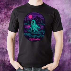Black t-shirt featuring a neon-style graphic of a ghost floating by a moonlit lake with mountains and trees in the background.