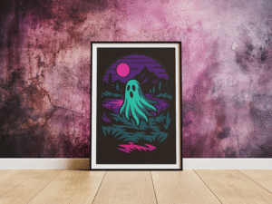 Phantom Forest ghost lake art print in a frame leaning against the wall on the floor.