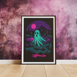 Phantom Forest ghost lake art print in a frame leaning against the wall on the floor.