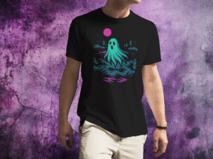 Black t-shirt with a neon teal ghost floating near a moonlit lakeshore under a pink moon.