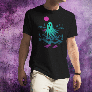 Black t-shirt with a neon teal ghost floating near a moonlit lakeshore under a pink moon.