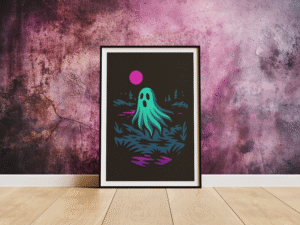 Specter Shores ghostly lake art print in a frame leaning against the wall on the floor.