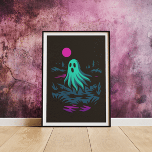 Specter Shores ghostly lake art print in a frame leaning against the wall on the floor.