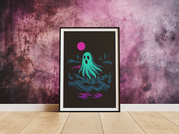 Specter Shores ghostly lake art print in a frame leaning against the wall on the floor.
