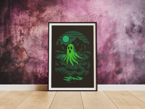 Ghoul’s Hollow haunted forest art print in a frame leaning against the wall on the floor.
