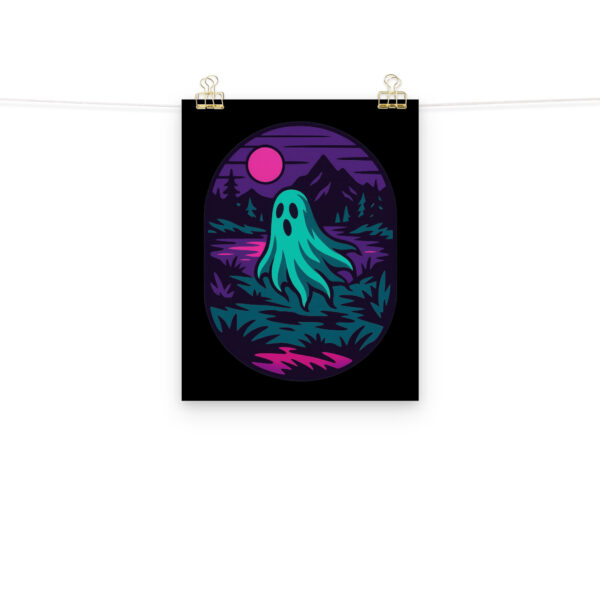 Phantom Forest ghost lake art print hanging on a plain wall in 11x14 size.