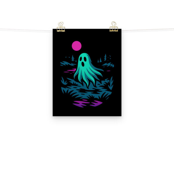 Specter Shores ghostly lake art print hanging on a plain wall in 8x10 size.