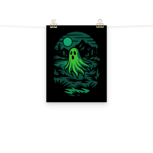Ghoul’s Hollow haunted forest art print hanging on a plain wall in 11x14 size.