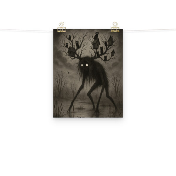 The Watcher of the Hollow dark forest monster art print hanging on a plain wall in 11x14 size.