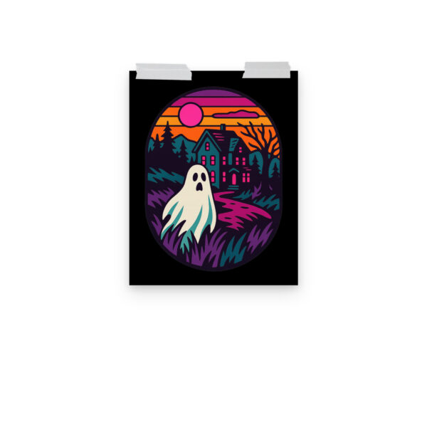 Ghostly Getaway haunted house art print hanging on a plain wall in 11x14 size.