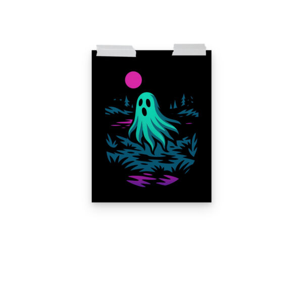 Specter Shores ghostly lake art print hanging on a plain wall in 8x10 size.