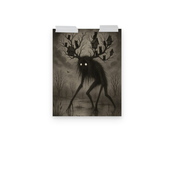 The Watcher of the Hollow dark forest monster art print hanging on a plain wall in 11x14 size.