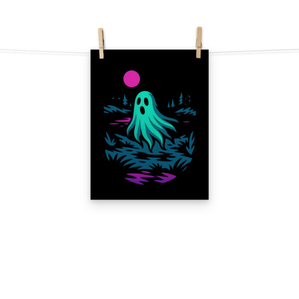 Specter Shores ghostly lake art print hanging on a plain wall in 8x10 size.