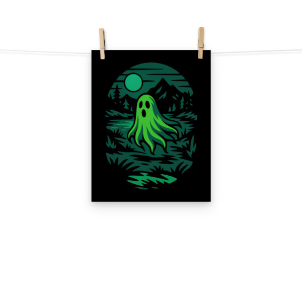 Ghoul’s Hollow haunted forest art print hanging on a plain wall in 11x14 size.