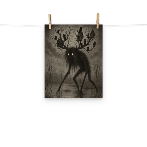 The Watcher of the Hollow dark forest monster art print hanging on a plain wall in 11x14 size.