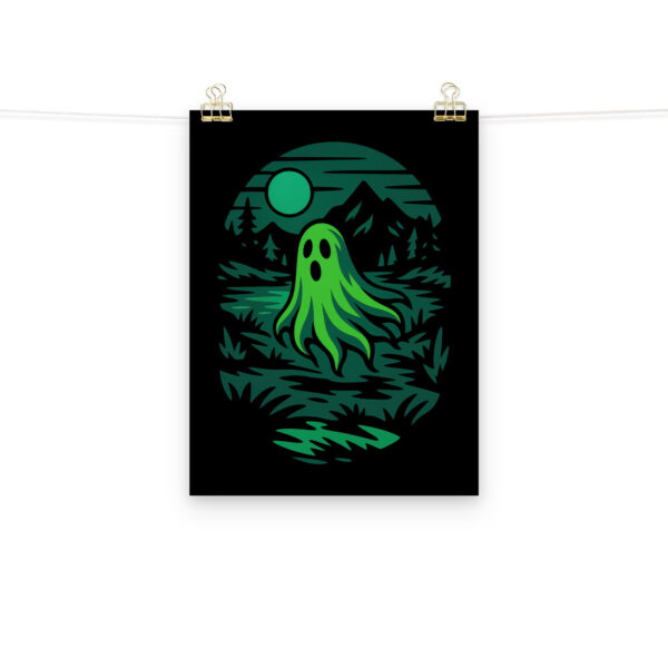 Ghoul’s Hollow haunted forest art print hanging on a plain wall in 12x16 size.