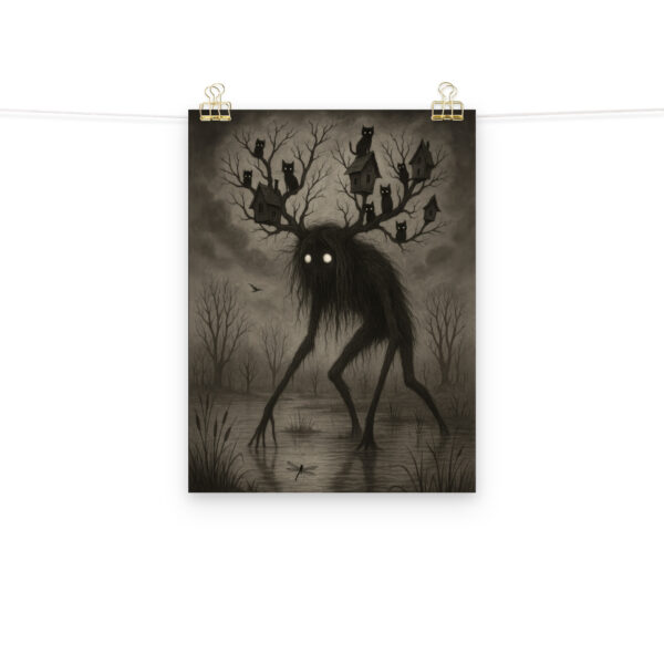 The Watcher of the Hollow dark forest monster art print hanging on a plain wall in 12x16 size.