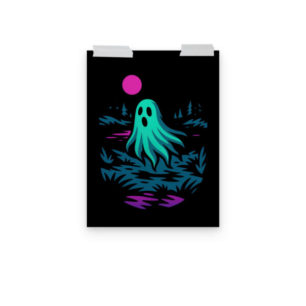 Specter Shores ghostly lake art print hanging on a plain wall in 12x16 size.