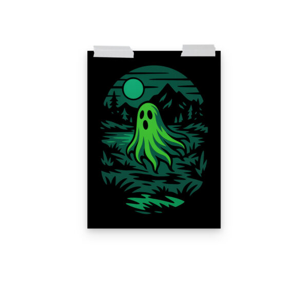 Ghoul’s Hollow haunted forest art print hanging on a plain wall in 12x16 size.