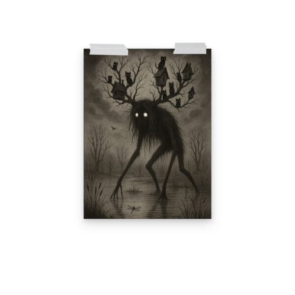 The Watcher of the Hollow dark forest monster art print hanging on a plain wall in 12x16 size.