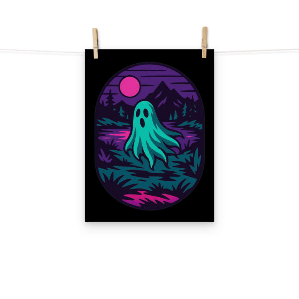 Phantom Forest ghost lake art print hanging on a plain wall in 12x16 size.