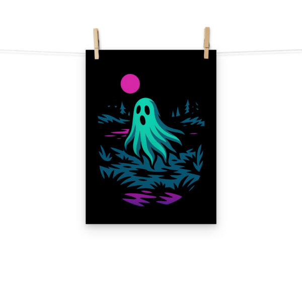 Specter Shores ghostly lake art print hanging on a plain wall in 12x16 size.