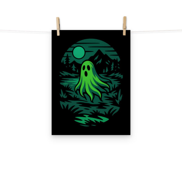 Ghoul’s Hollow haunted forest art print hanging on a plain wall in 12x16 size.