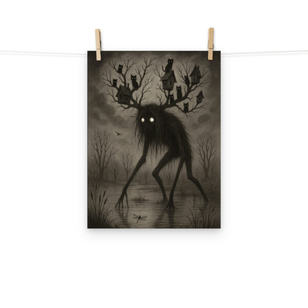 The Watcher of the Hollow dark forest monster art print hanging on a plain wall in 12x16 size.