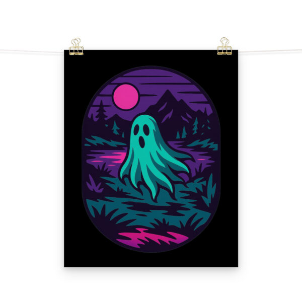 Phantom Forest ghost lake art print hanging on a plain wall in 16x20 size.