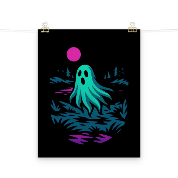 Specter Shores ghostly lake art print hanging on a plain wall in 16x20 size.
