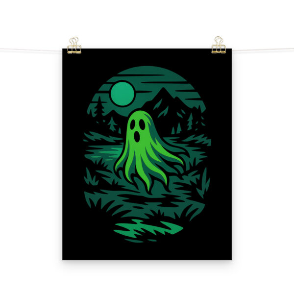 Ghoul’s Hollow haunted forest art print hanging on a plain wall in 16x20 size.