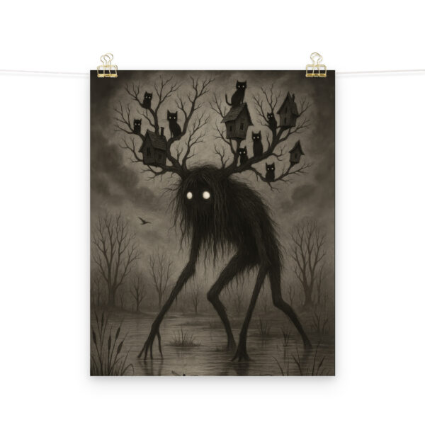 The Watcher of the Hollow dark forest monster art print hanging on a plain wall in 16x20 size.