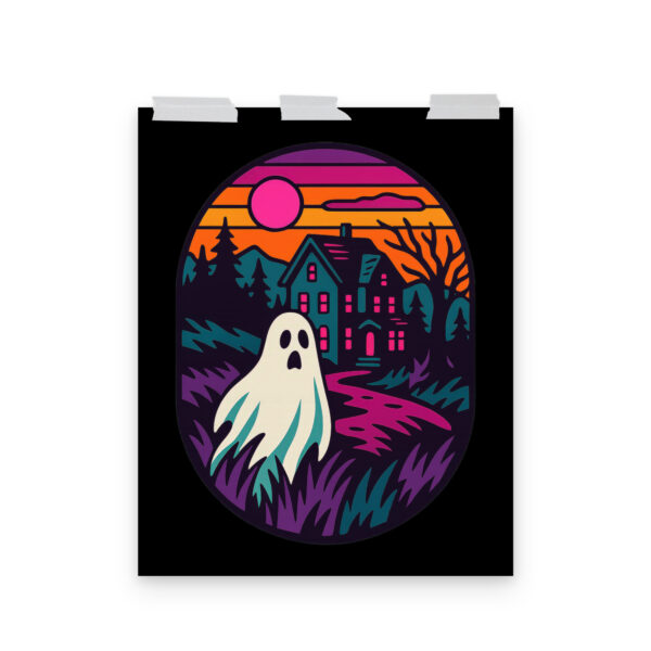 Ghostly Getaway haunted house art print hanging on a plain wall in 16x20 size.
