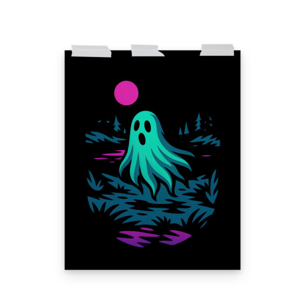 Specter Shores ghostly lake art print hanging on a plain wall in 16x20 size.