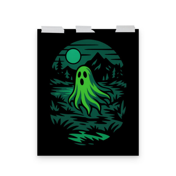 Ghoul’s Hollow haunted forest art print hanging on a plain wall in 16x20 size.