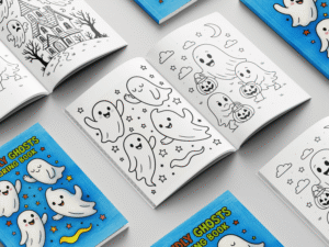 Sample inside page from the Friendly Ghosts Coloring Book showing outlined ghost illustrations ready to color.