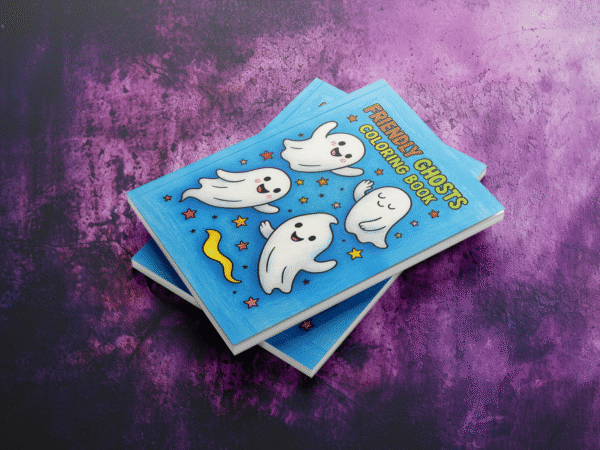 Digital coloring book cover featuring cute, friendly ghost illustrations and playful spooky font.